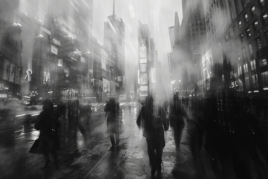 Fototapeta A dynamic black and white image capturing the essence of urban life with blurred figures and city lights in motion, depicting the constant movement of a metropolis