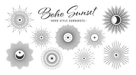 Vintage sunburst, sunset beams collection. Boho style, modern minimalist bohemian design. Hand drawn bursting sun, light rays. Logotype or lettering design element in retro style. Vector illustration