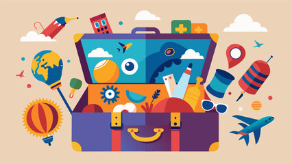 A sense of wanderlust fills the air as the old suitcase is pried open revealing a bounty of trinkets from around the world from exotic es to feathered. Vector illustration