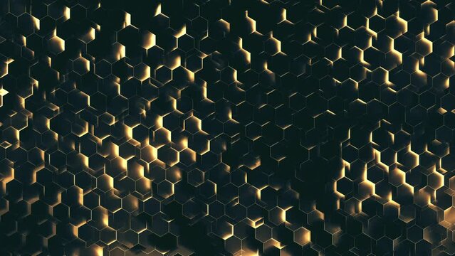 Dark Gold Hexagons. Geometric pattern with yellow edges on a black background. Looped video.