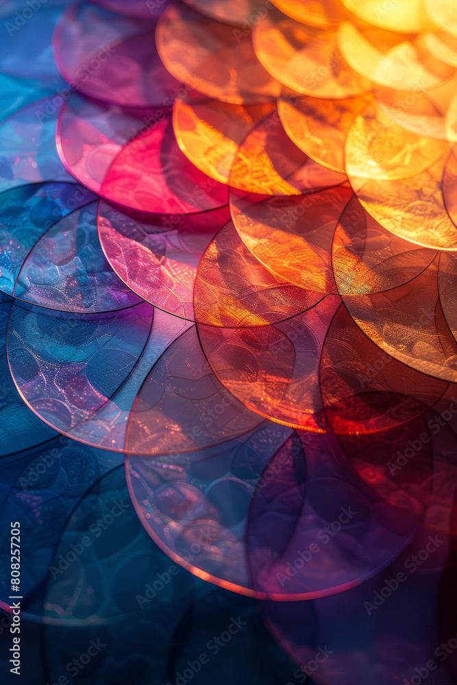 Poster a graphic design with layers of translucent circles in sunset colors, overlapping and radiating from
