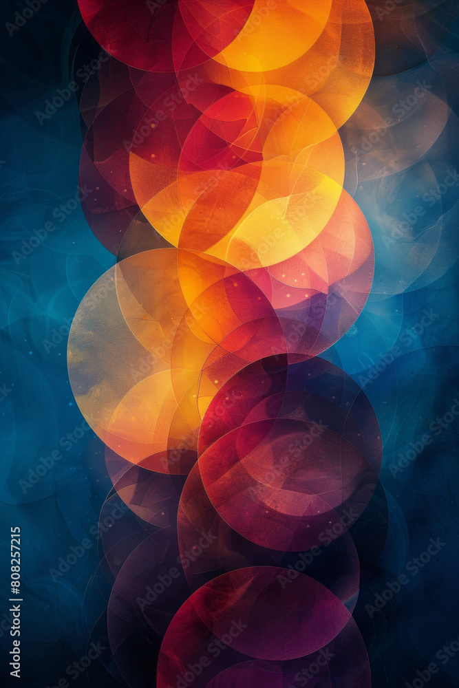 Poster a graphic design with layers of translucent circles in sunset colors, overlapping and radiating from