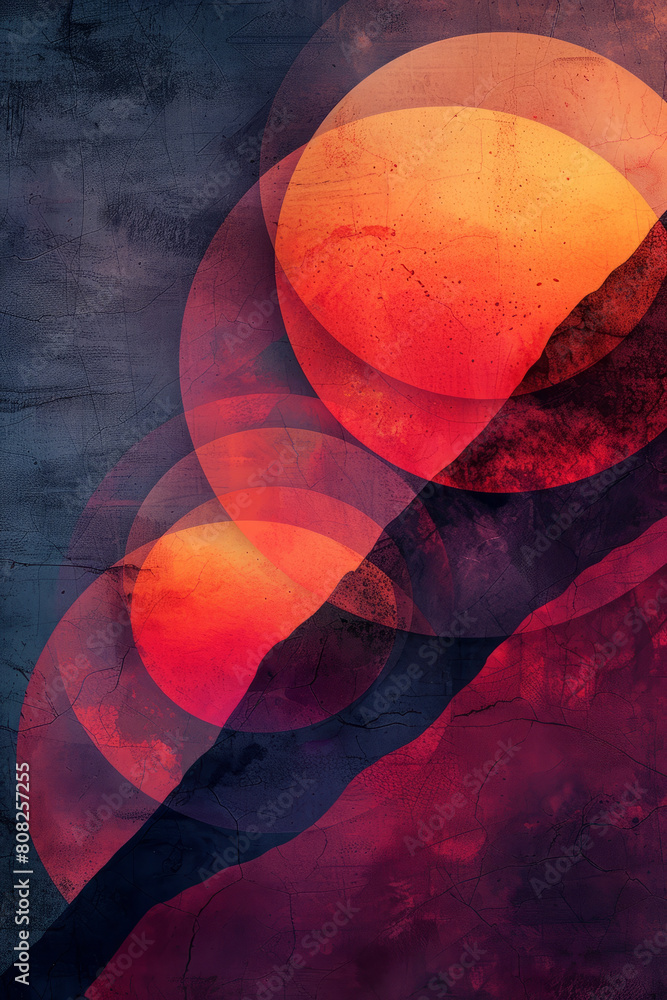 Poster a graphic design with layers of translucent circles in sunset colors, overlapping and radiating from