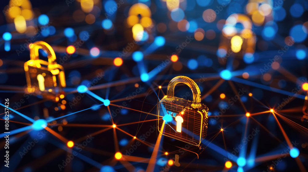 Poster a lock positioned on top of a network of vibrant glowing lights, symbolizing security and connectivi