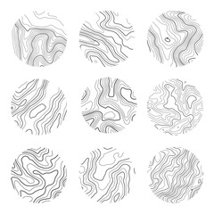 Topographic map with contour lines. Geographic terrain grid, relief height elevation. Ground path pattern. Travel and navigation, cartography design element. Vector illustration