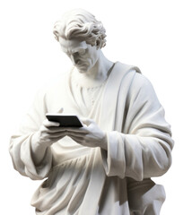 PNG A sculpture of man holding smart phone statue marble representation.