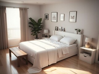 A bedroom with a white bed, a wooden nightstand, and a potted plant. The room is bright and airy, with a window letting in natural light. The bed is neatly made