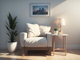 A white chair is sitting in front of a framed picture of a city skyline. A potted plant is placed next to the chair. The room has a modern and minimalist design, with a focus on clean lines