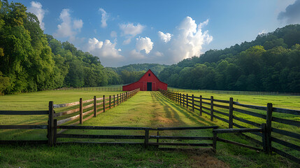 Wooden Fence Leading to a Red Barn in a Green Field,
Peaceful landscape capturing the simplicity of a rural farm with rolling fields of green
