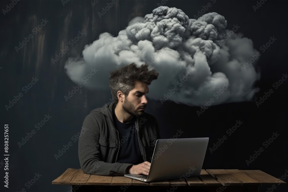 Poster a man is seated at a table with a laptop open in front of him, surrounded by a cloud of smoke