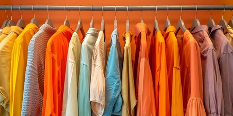 Vibrant clothing rack with colorful clothes in a store or bedroom. Concept Fashion Photography, Stylish Wardrobe, Vibrant Colors, Boutique Display, Interior Design