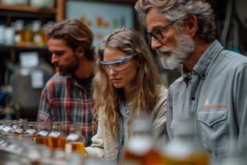 A group of focused scientists analyze samples in a laboratory setting with test tubes