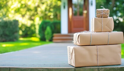 Packages delivered at Front Door on the Porch - Growth in E-commerce Sales - Online Shopping - Package Theft from Front Doors - Pressure on Postage due Increase of E-commerce - Parcels Stacked