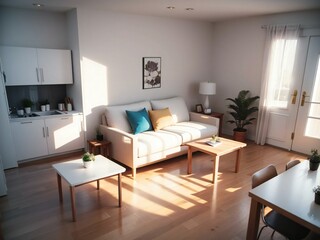 Bright and cozy living room with modern furniture and sunlight streaming through the window.