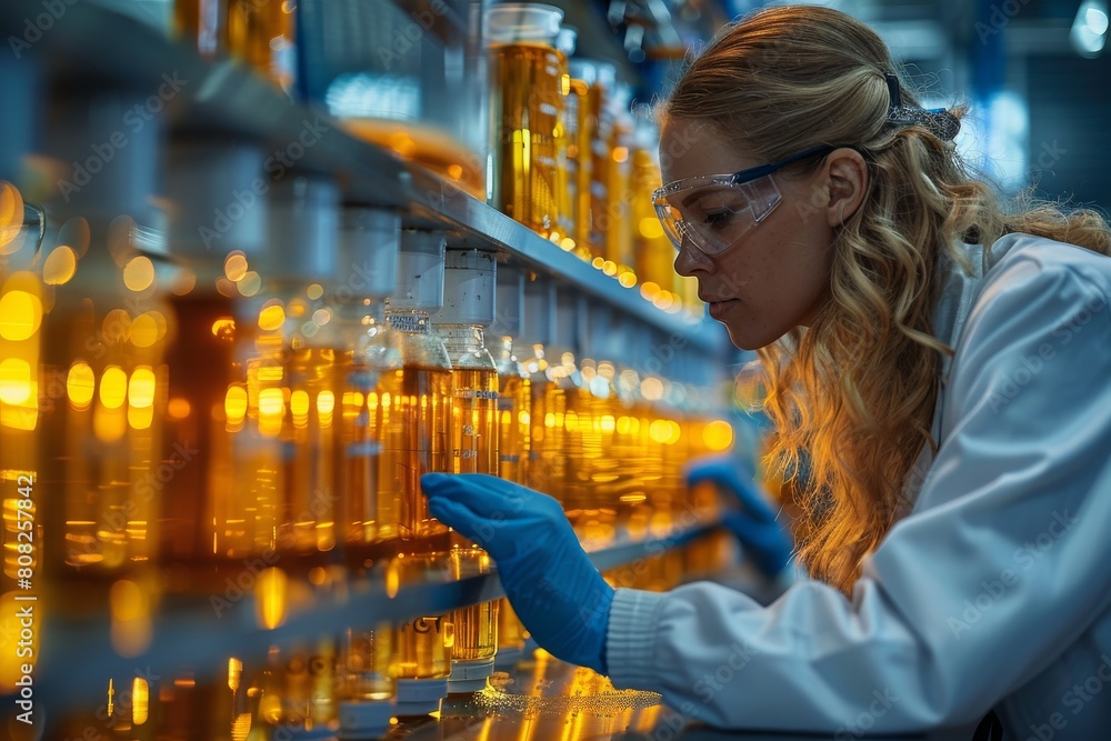 Aufkleber a meticulous scientist inspecting a row of vials in a modern and sophisticated laboratory setting