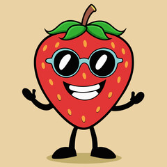 Obraz premium Strawberry cartoon groovy retro with sunglasses vector illustration 