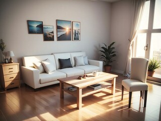 A cozy living room with a white sofa, wooden coffee table, and wall art, bathed in warm sunlight.