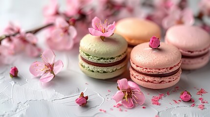   A cluster of macaroons resting together on a white background with pink blossoms adjacent to them