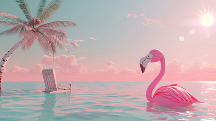 Obraz premium 3D render, summer beach background with palm tree and sun in the sky, flamingo float in water and chair under sunshine, summer vacation concept. Cartoon style. Pastel colors.