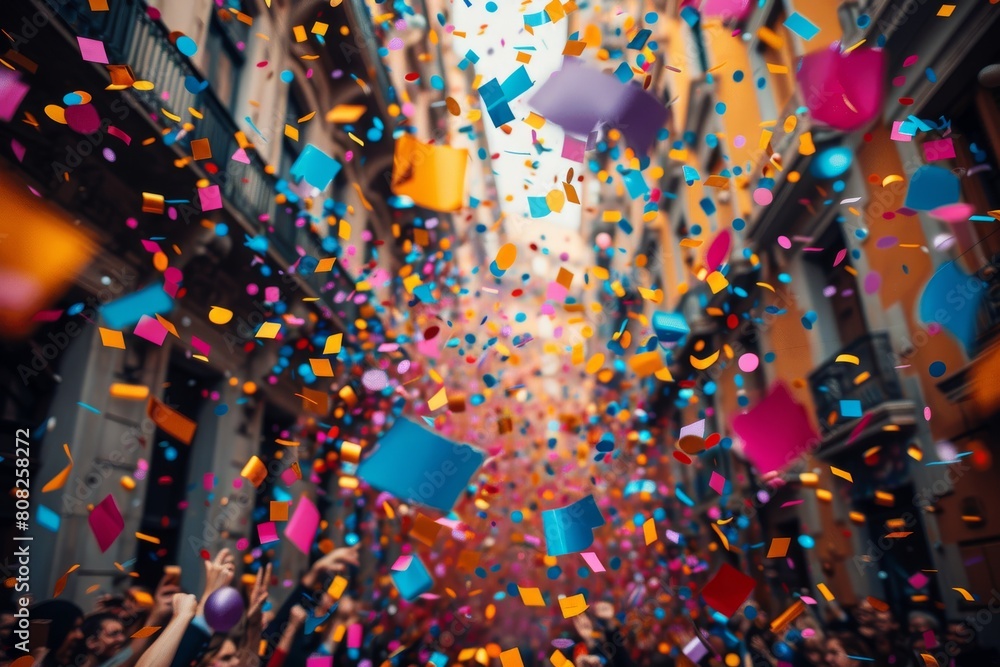 Poster a dynamic image displaying an explosion of multicolored confetti in an urban alley with onlookers