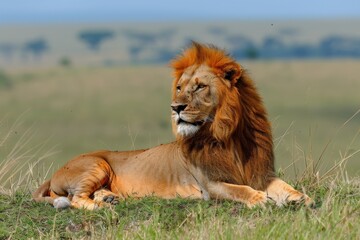 A Lion Resting in a Grassy Field