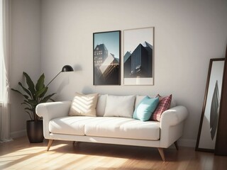 Cozy and stylish living room with a white sofa, decorative cushions, framed wall art, and a well-lit ambiance