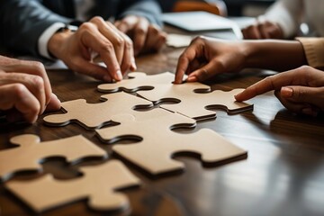 Image of business professionals' hands fitting together puzzle pieces on a table, symbolizing strategic planning and mutual support in teamwork.