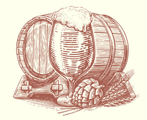 Composition of glass of beer, barrel, ears of wheat and hops. Hand drawn vector illustration. Drawing sketch clipart