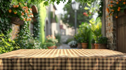 An empty table with a tablecloth on a blurred background in the garden