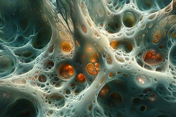 A mesmerizing 3D render of a microbial landscape in teal with amber-colored elements evoking a sense of discovery and scientific wonder