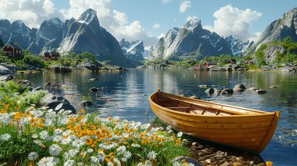   A lush green hillside sits near a boat floating atop a body of water, surrounded by blooming flowers - Powered by Adobe