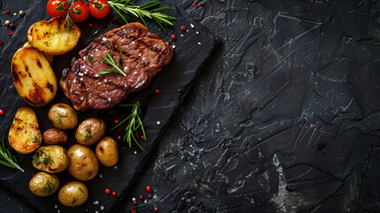 Grilled meat steak with vegetables and spices on a black background