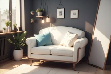 Warm, sunlit living room featuring a stylish white sofa, lush houseplants, and minimalist wall art in a contemporary setting