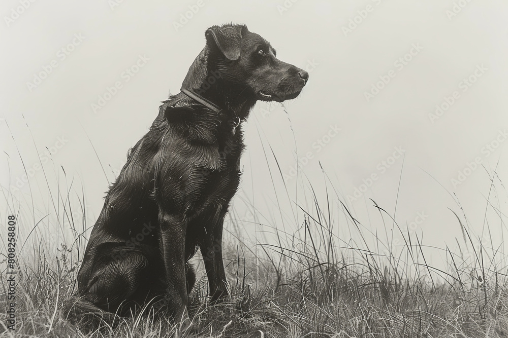 Poster a stark, simple line drawing of a dog, focusing on the bare essentials of its form without any backg