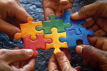 Image of business professionals' hands fitting together puzzle pieces on a table, symbolizing strategic planning and mutual support in teamwork.