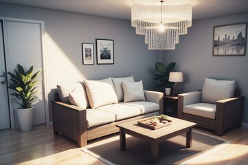 Warm, inviting living room with sunlight streaming through, highlighting a comfortable sofa, chic armchairs, and stylish decor elements
