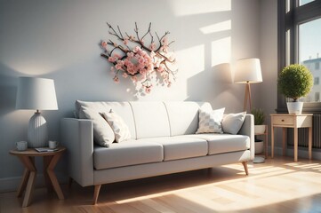 Modern living room interior bathed in natural light, showcasing a comfortable sofa, artistic wall decoration, and hints of spring florals