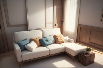 White couch in room with wooden floor - a stylish and minimalist living space.