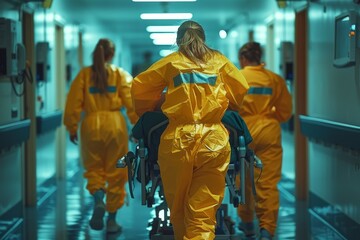 Front view of medical professionals in protective hazmat suits pushing patient beds down a hospital corridor