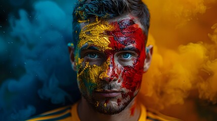 Passionate Soccer Fan with Vibrant Painted Face in National Flag Design