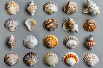 A neatly arranged collection of various seashells with different patterns and shades on a gray background, representing biodiversity. International Day for Biological Diversity