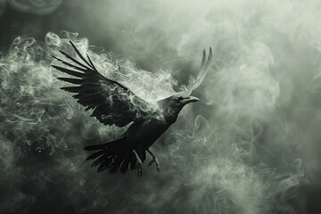 Fototapeta premium A crow with feathers that transition into shadows and smoke, flying over a landscape of surreal, warped perspectives,