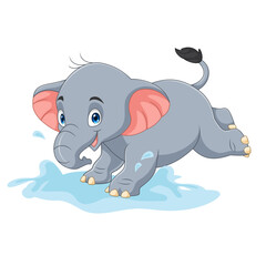 Cartoon baby elephant playing on the water