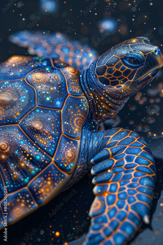 Poster A turtle with a shell patterned like an intricate mandala, carrying the world on its back as it travels through cosmic oceans,