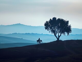 In a picturesque Tuscan landscape, obscured by shadows, a figure atop a hill maneuvers a bicycle, bearing the weight of a tree upon their shoulder. The silhouette of the Italian man blends 