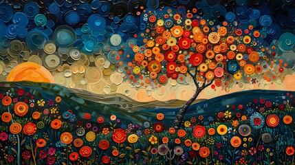 tree flowers field orange dawn soap bubble mind junk sunset falling leaves princess paper circles american romanticism oil intensely