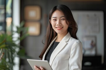 Happy young Asian saleswoman welcoming client. Smiling woman executive manager, secretary offering professional business services holding digital tablet standing in office