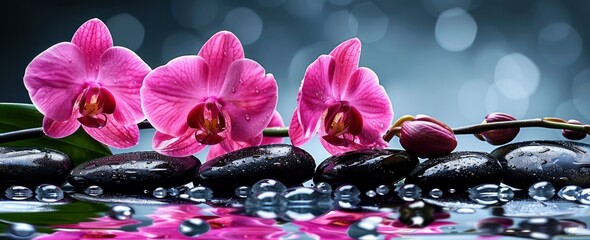 pink orchid flowers on shiny black pebble with water droplet