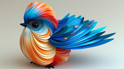 Obraz premium This is an image of a small, colorful bird. The bird has bright blue, orange, and yellow feathers. It is sitting on a white background. The bird is looking at the viewer with its head cocked to one si