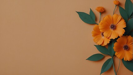 A orange background with several flowers 